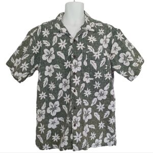 CHEROKEE Mens Green Cotton Woven Hawaiian Button Down Casual Shirt Top